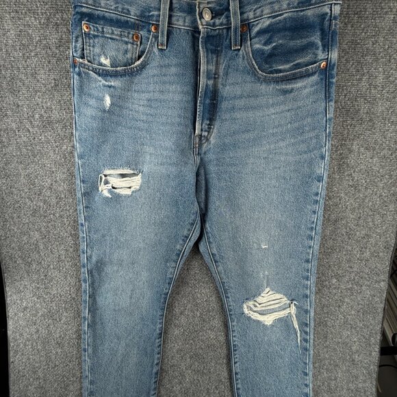 Levis Premium 501s Jeans Blue Denim Distressed Button Fly Women Straight Crop - Picture 1 of 16
